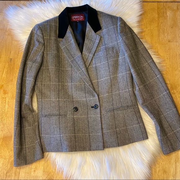 Vintage 90s Sasson Herringbone Wool Short Blazer Black Velvet Collar S - Picture 1 of 9